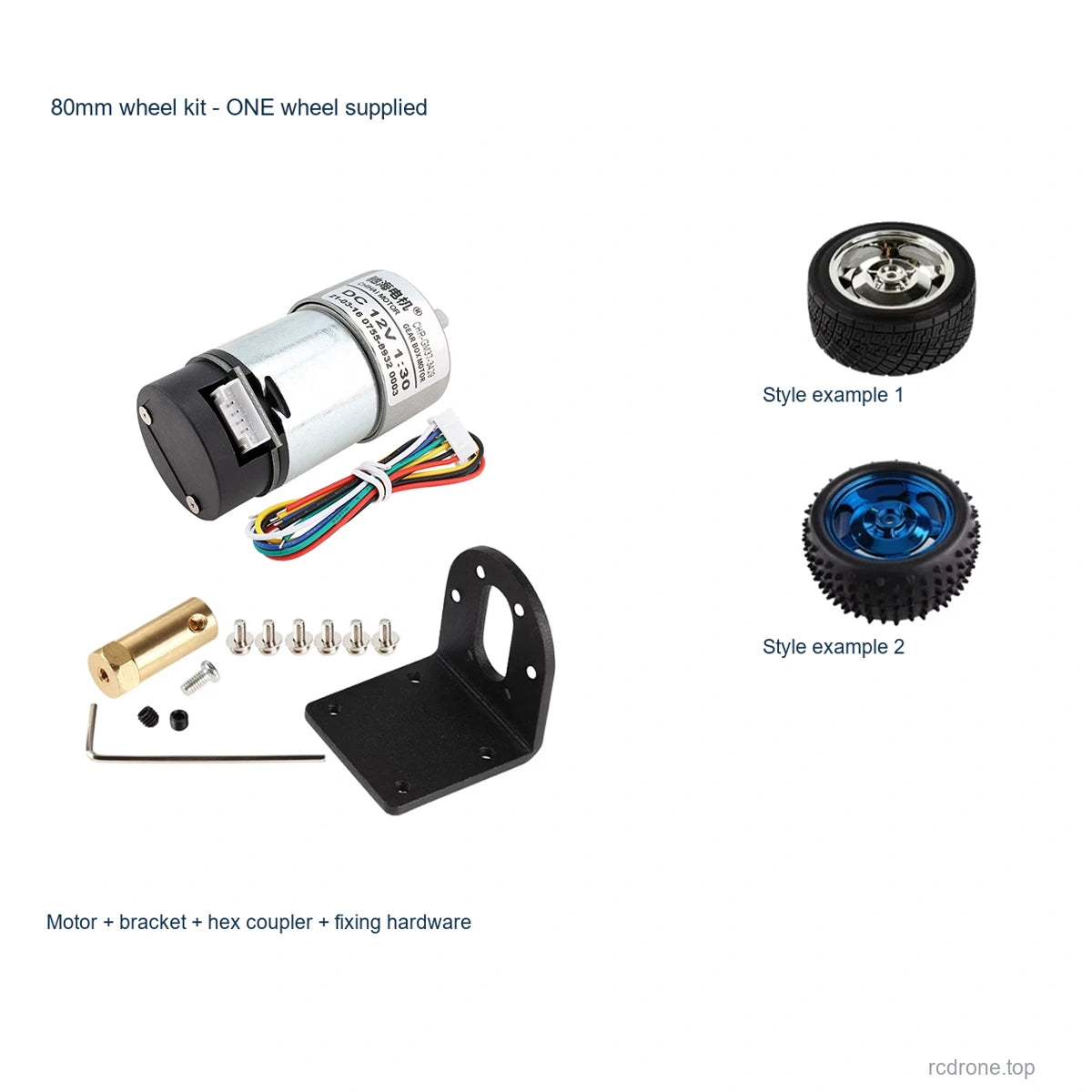 80mm wheel kit; pictured wheel styles are alternatives,one supplied