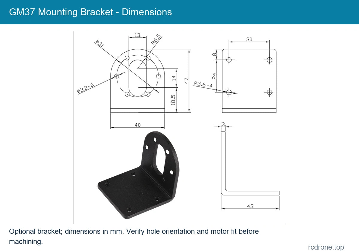 GM37 Mounting Bracket - Dimensions