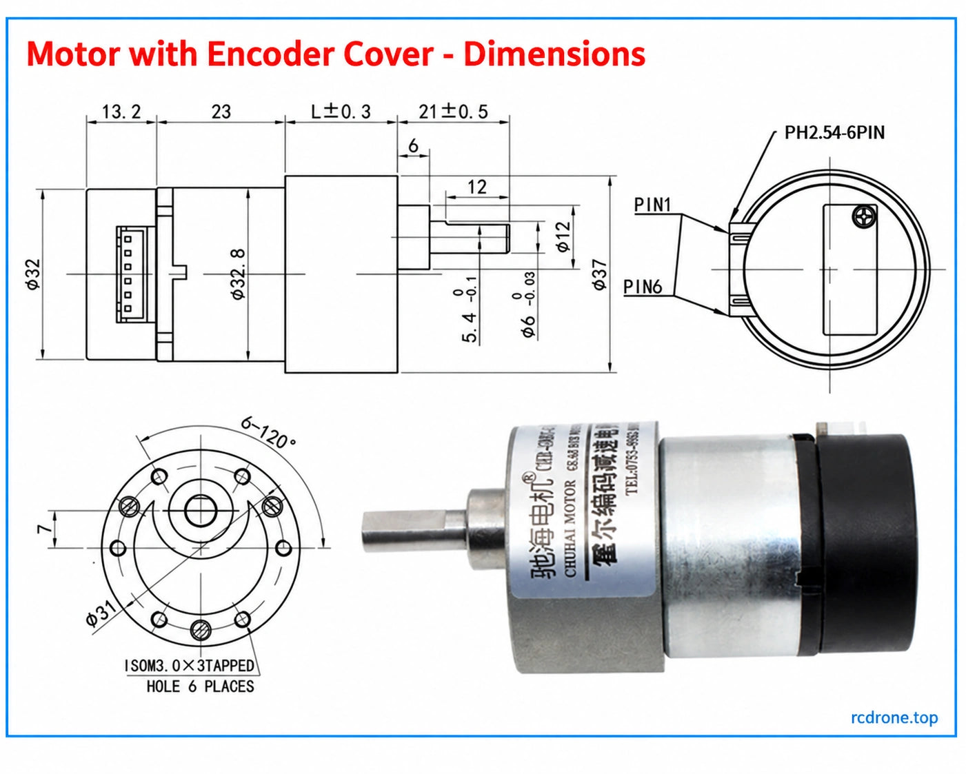Covered motor mechanical dimensions; diagram retains PH2.54 annotation; sales connector XH2.54