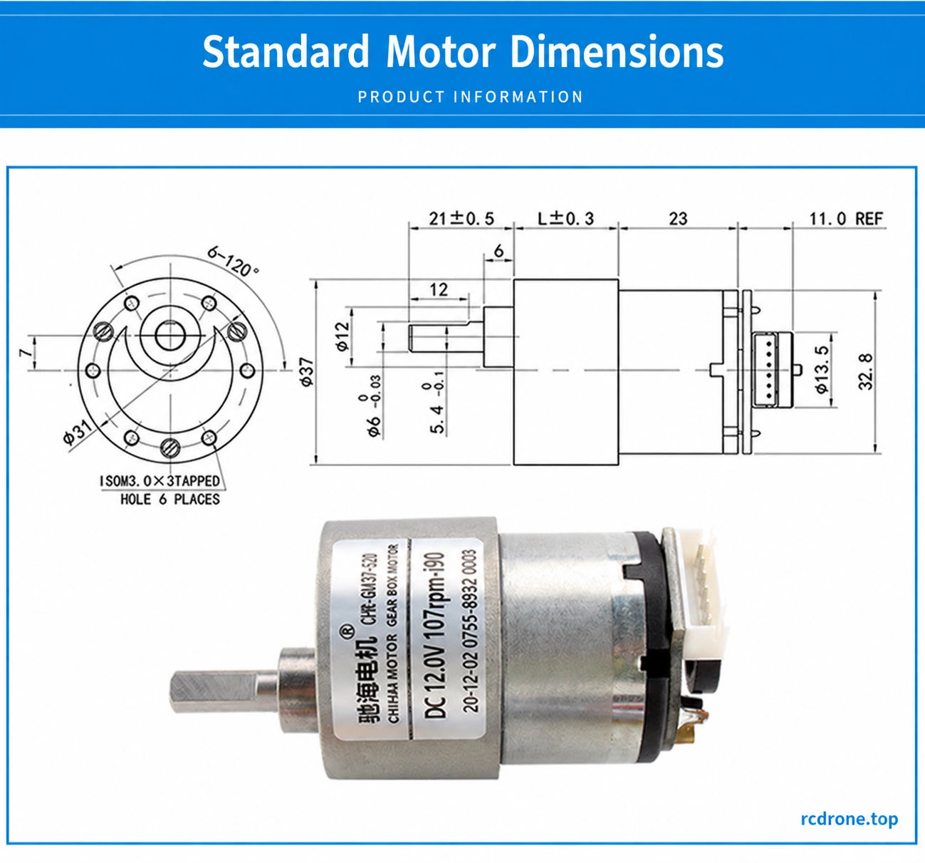 Standard motor mechanical dimensions; L varies by gear ratio; mm