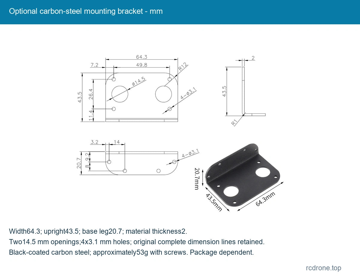 Optional carbon-steel mounting bracket - mm