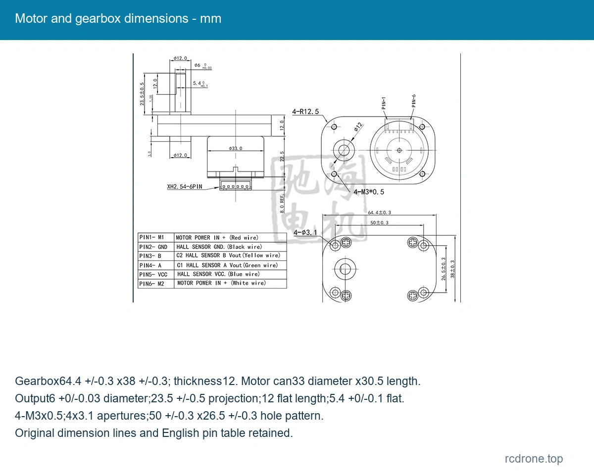 Motor and gearbox dimensions - mm