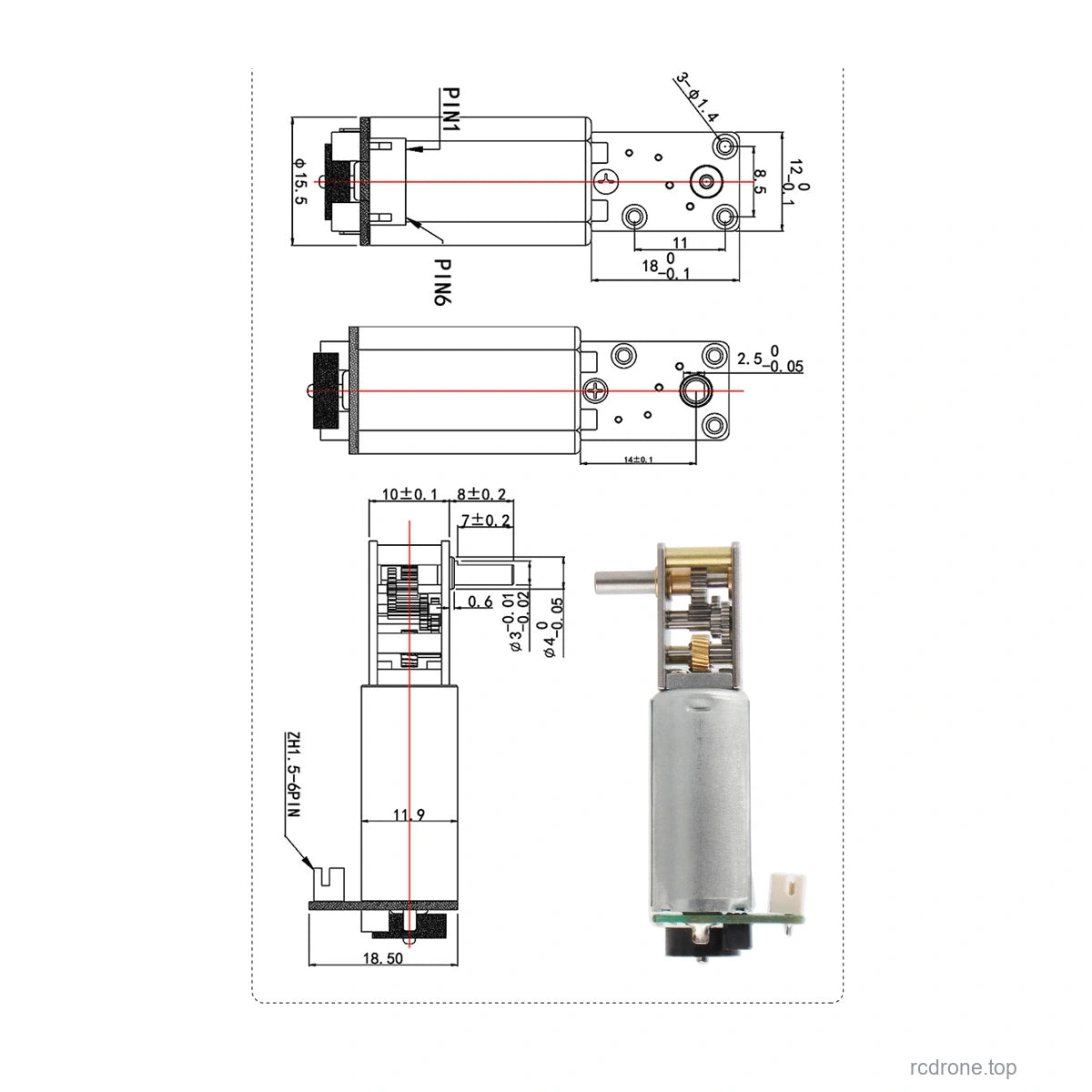 Connector-away-from-output-shaft original dimensions and ZH1.5 six-pin connector