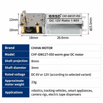 CHF-GW12T-050 worm gear motor mechanical dimensions and specifications