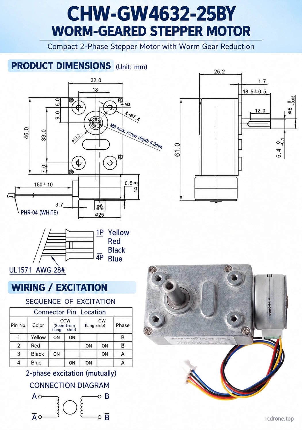 GW4632-25BY motor dimensions, connector pins and excitation diagram