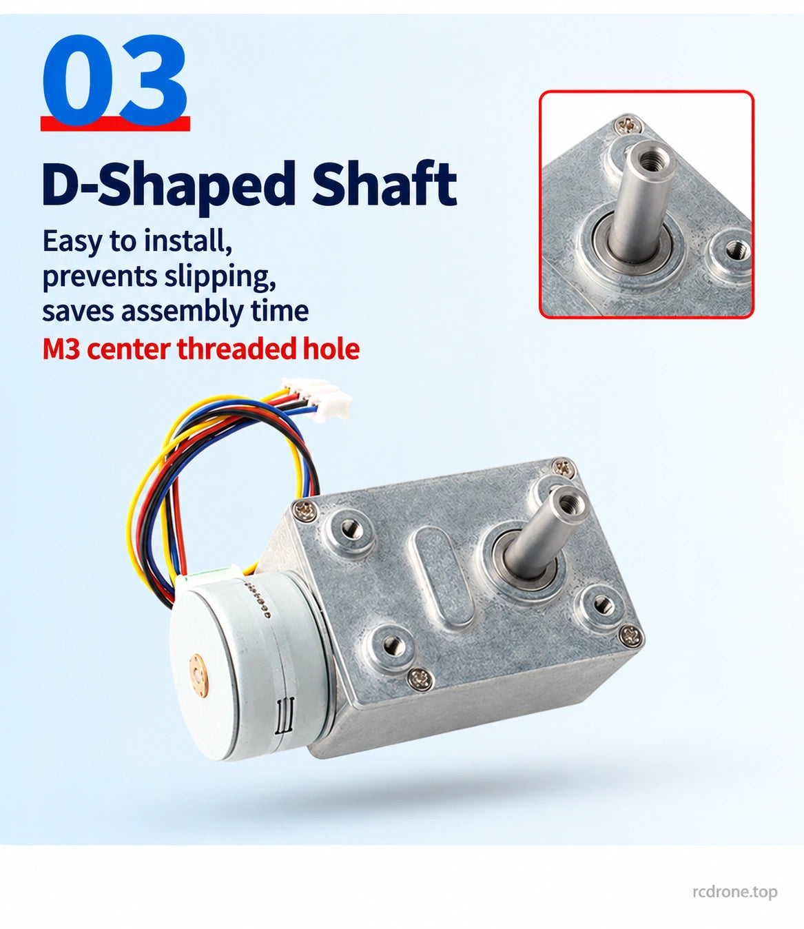 D-shaped output shaft and M3 center thread
