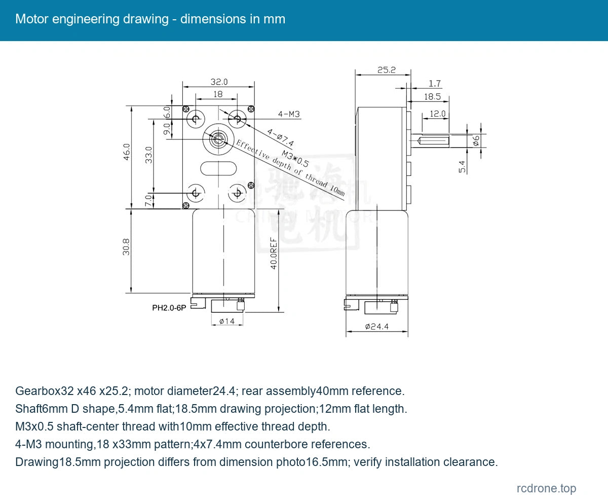 Motor engineering drawing - dimensions in mm