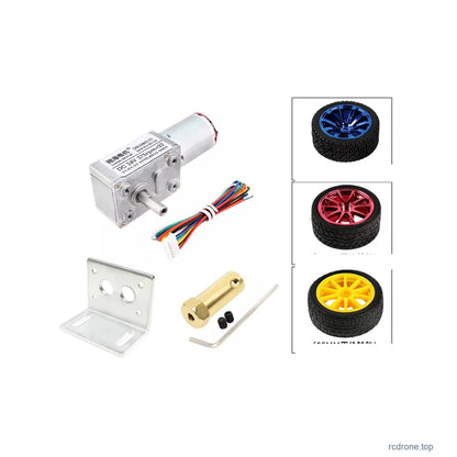 Single-motor65mm wheel kit with bracket and6mm coupler; three wheel styles are alternatives, one included