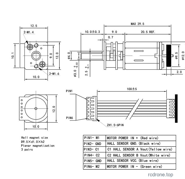 Standard gearbox dimensions in mm and connector pinout; 1000:1 has an extended gearbox