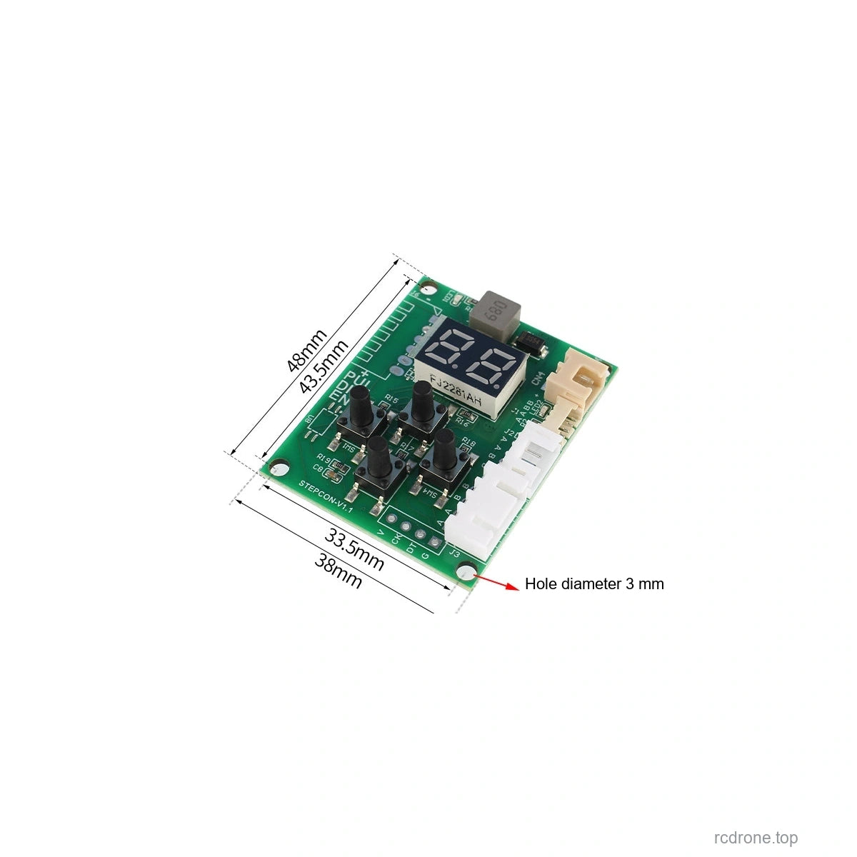 Controller dimensions, bare PCB 38 x 48 mm; hole pitch 33.5 x 43.5 mm