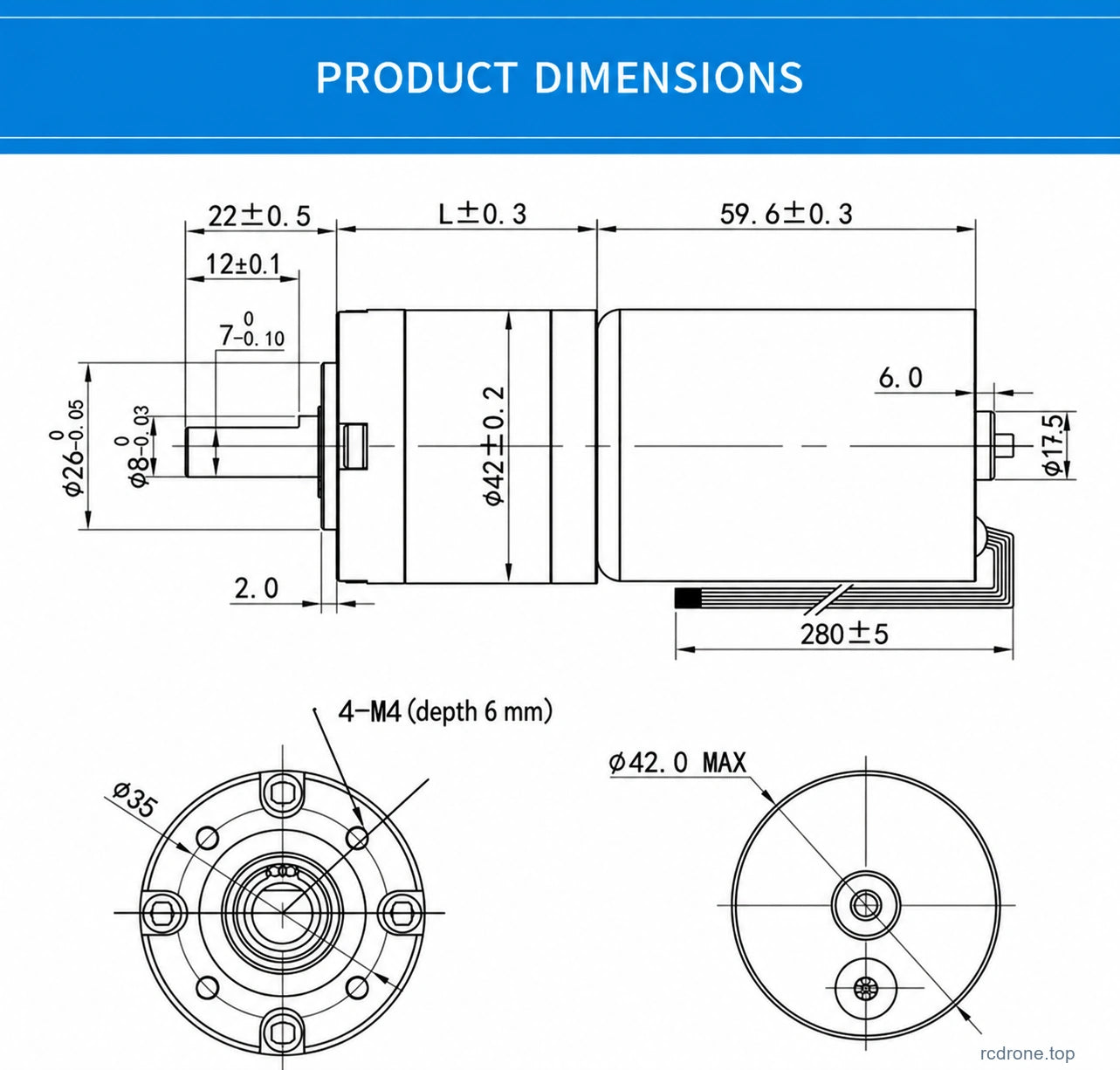 42GP-BLDC4260 dimensions inmm; Ldepends on ratio