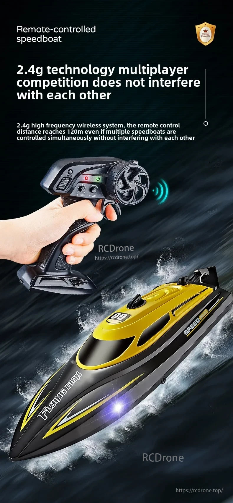 Children 2.4GHz RC Boat, Remote-controlled speedboat with 2.4G technology, enabling multiplayer racing up to 120m without signal interference via high-frequency wireless system.