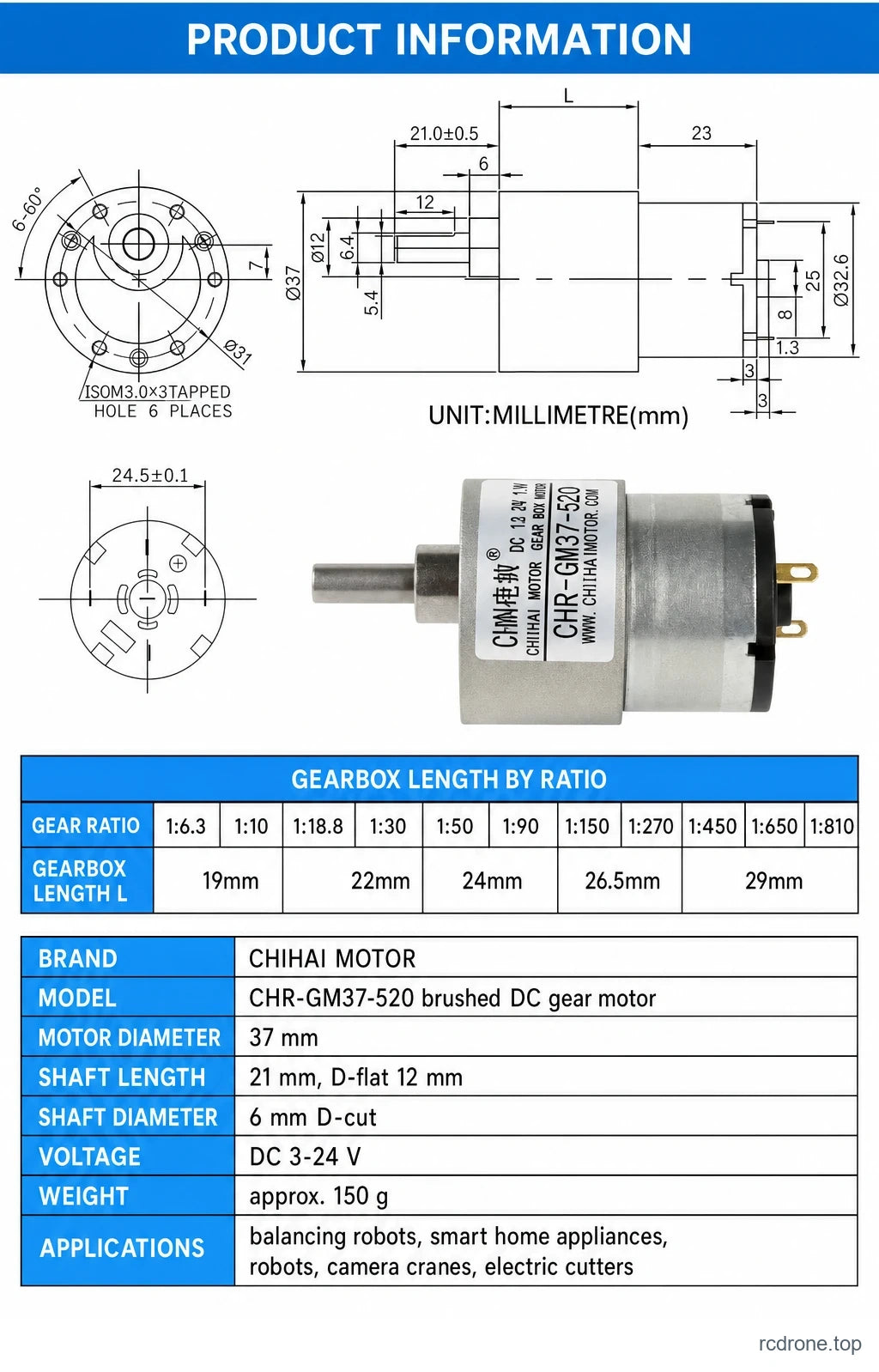 Outline drawing, gearbox length and specification table