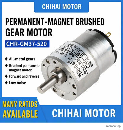 CHIHAI CHR-GM37-520 brushed gear motor with feature callouts