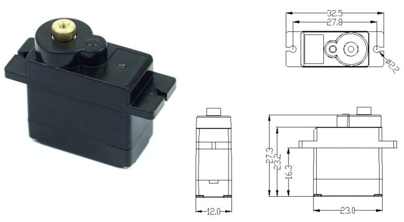 Compact RC servo shown beside technical dimension drawings with 32.5 mm mounting width