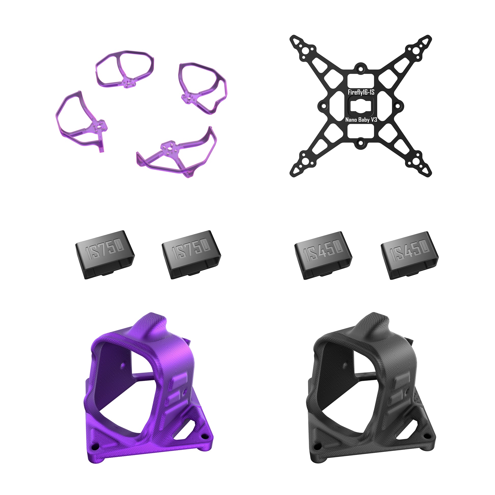 Firefly16/18 1S V3 frame parts set with Nano Baby V3 carbon plate, purple/black O4 canopies and battery mounts