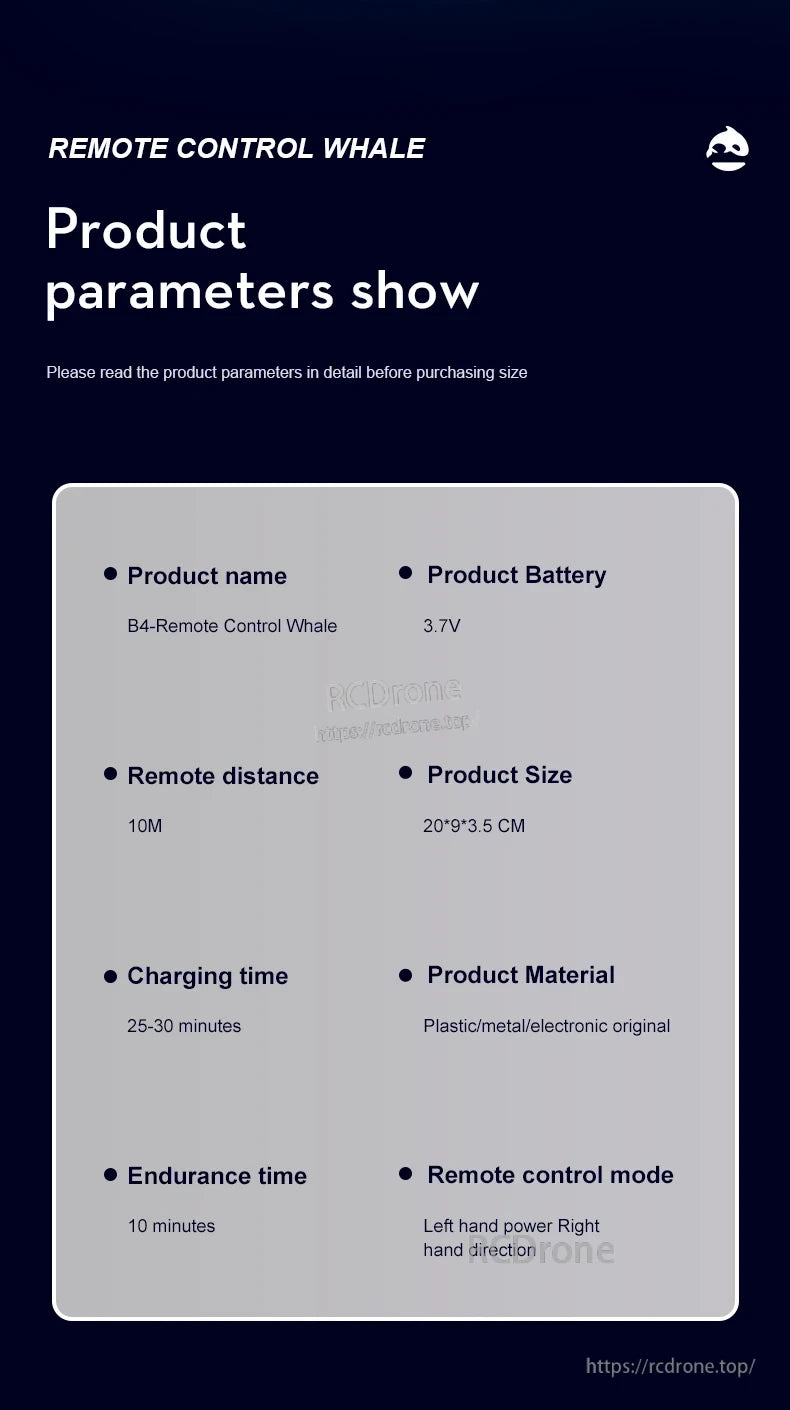 Consea RC Submarine, Remote Control Whale B4: 3.7V, 10M range, 25-30 min charge, 10 min runtime, left power, right direction control, plastic/metal/electronic, 20×9×3.5cm.