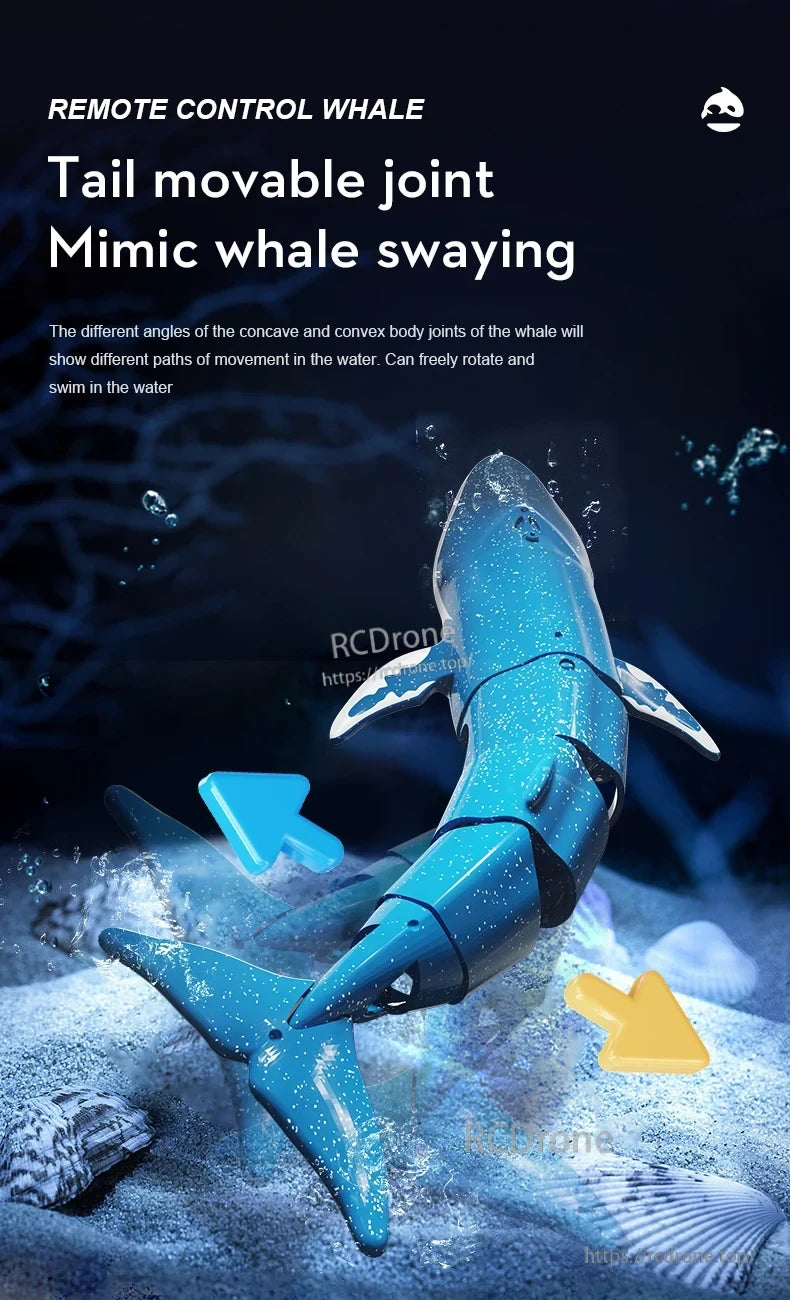 Consea RC Submarine, A movable whale-shaped toy has joints that mimic whale movements, demonstrating various swimming patterns.