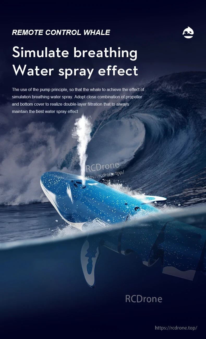 Consea RC Submarine, Whale simulator uses pump principle and water spray to simulate breathing, combining propellers with filters for realistic experience.