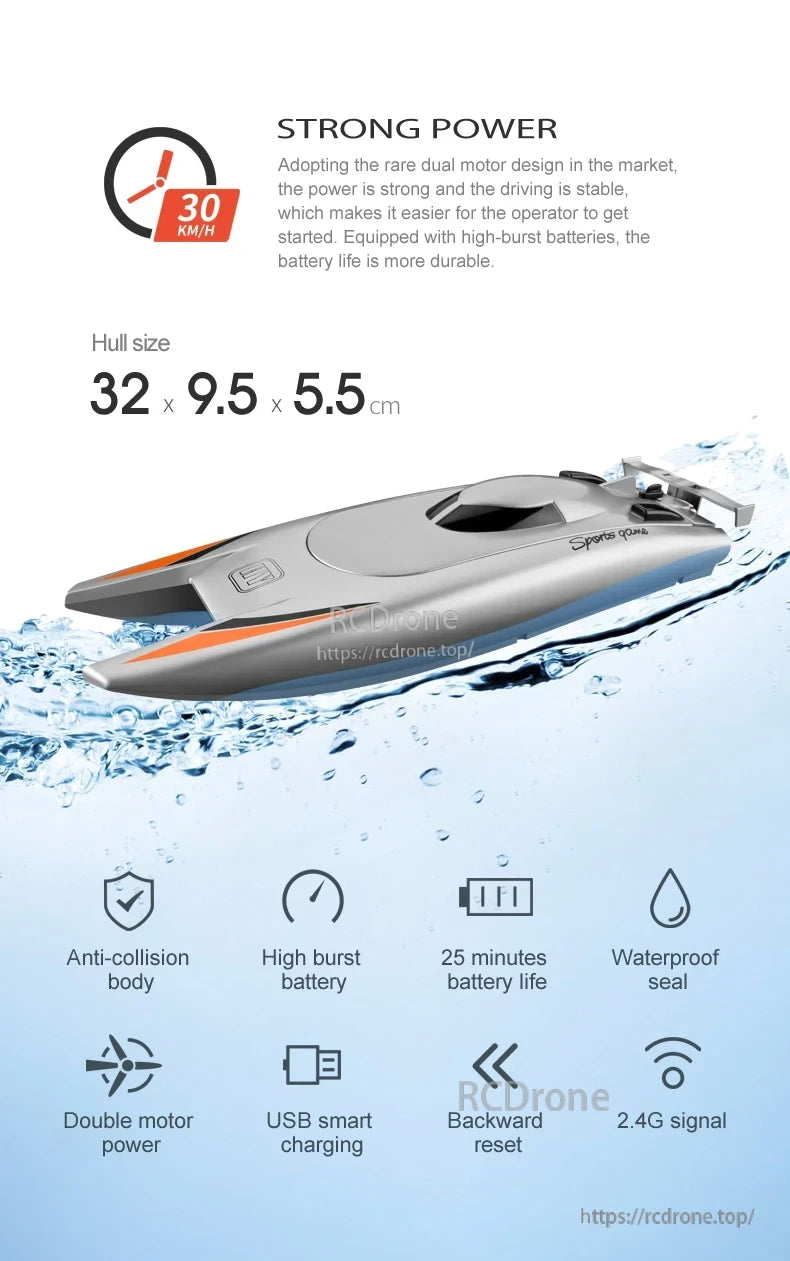 CONUSEA 805 RC Boat, Dual motor drone, 30 km/h speed, 25-min battery life, waterproof, anti-collision, 2.4G control, compact 32 cm size, USB charging.