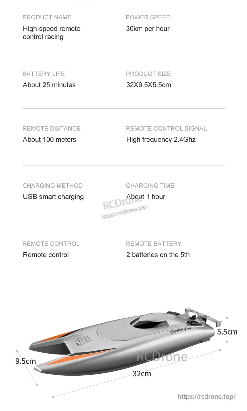 CONUSEA 805 RC Boat, High-speed remote control boat: 30km/h, 25-min battery, 100m range, 2.4GHz, USB-charged in 1 hour. Includes remote and batteries. Dimensions: 32x9.5x5.5cm.