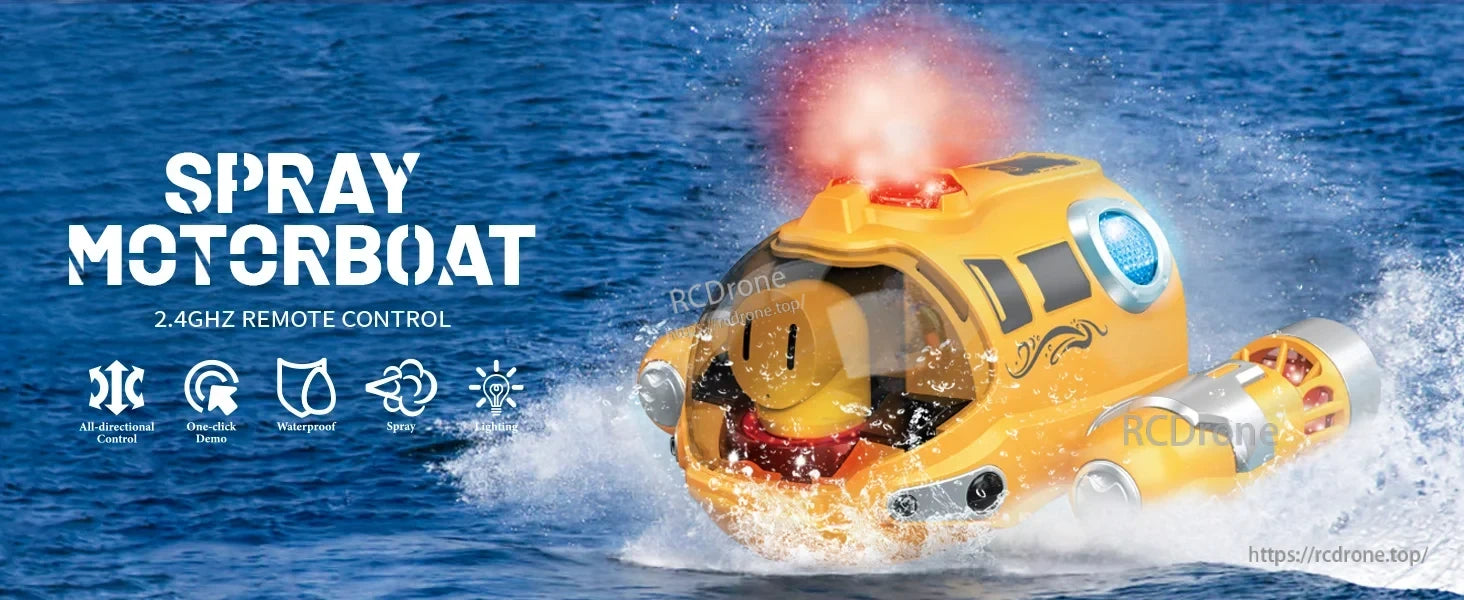 CONUSEA RC Boat, Waterproof 2.4GHz remote-controlled spray motorboat with all-directional movement, lighting, and water spray feature for fun outdoor use.