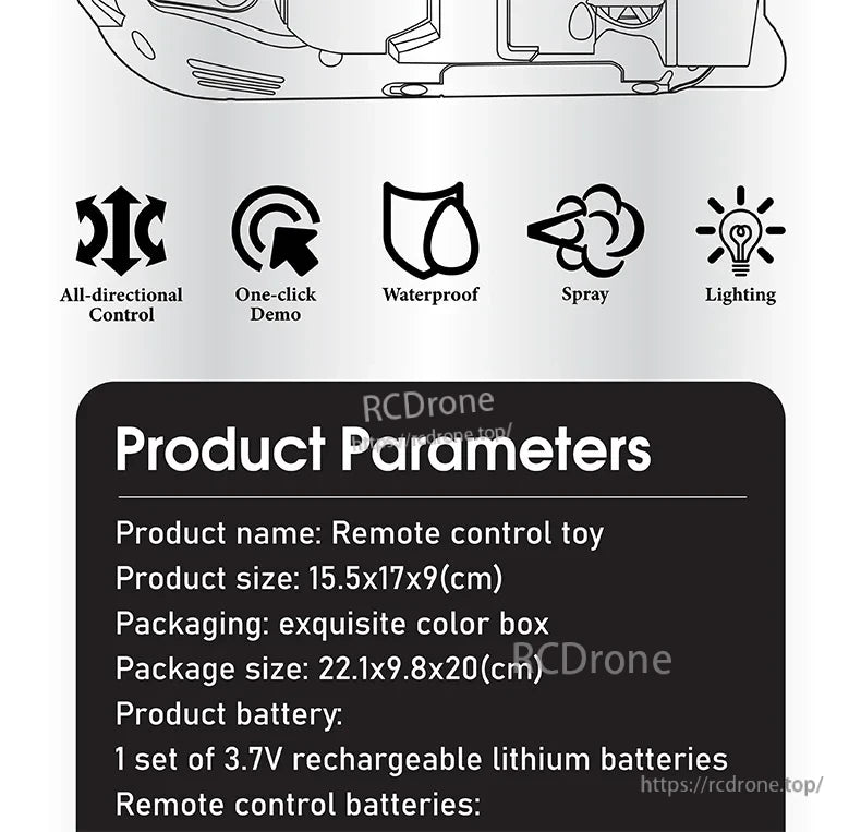 CONUSEA RC Boat, Waterproof remote control toy boat with 360° control, lights, spray, and one-click demo. Includes rechargeable battery. Size: 15.5x17x9cm.