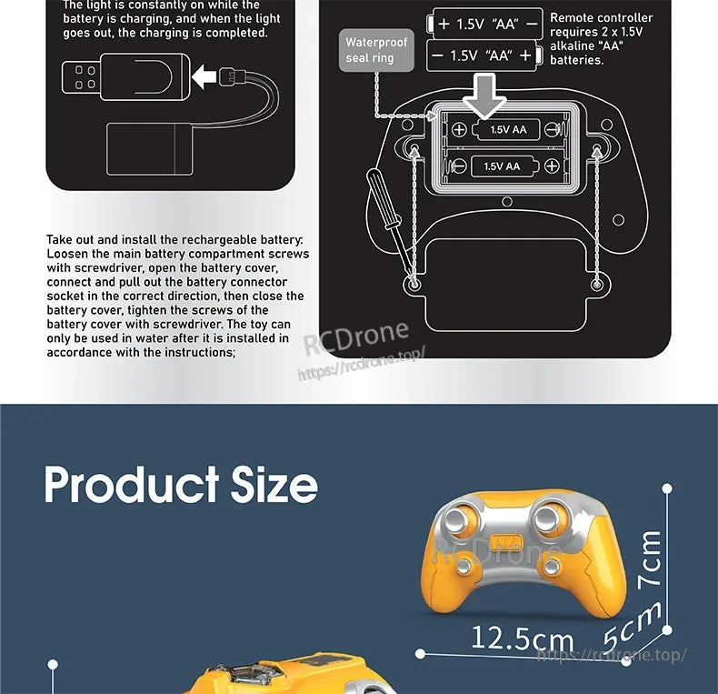 CONUSEA RC Boat, Compact, waterproof device powered by two AA batteries, with charging indicator; includes usage instructions. Measures 12.5 x 7 x 5 cm.