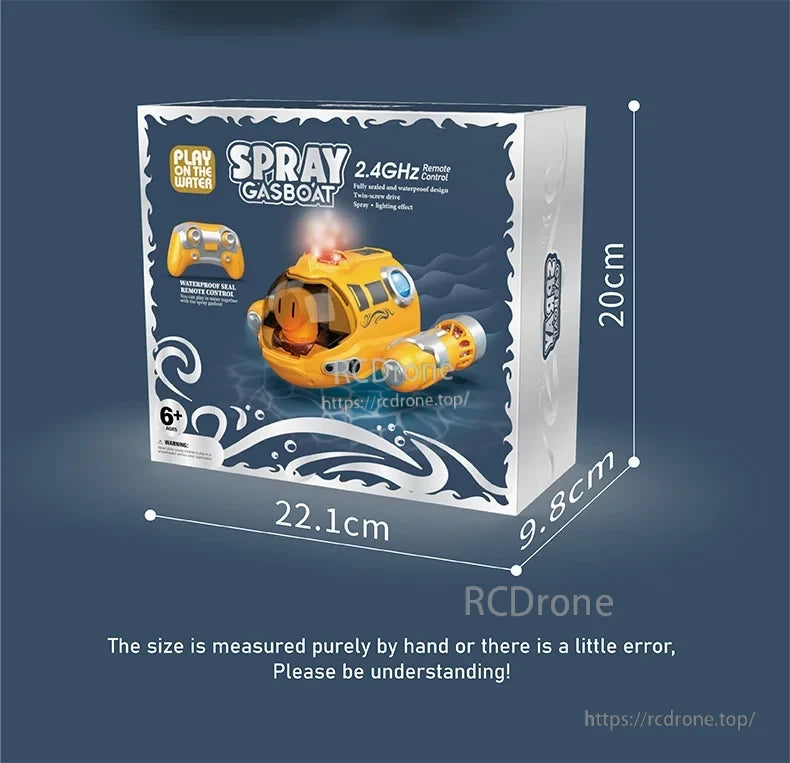 CONUSEA RC Boat, Remote-controlled, waterproof spray gasboat with twin-screw drive, lighting effects, suitable for ages 6+, measures 22.1x9.8x20cm.