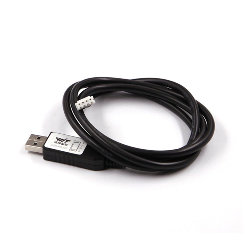 Coiled USB serial converter cable with USB‑A plug and 4‑pin connector end