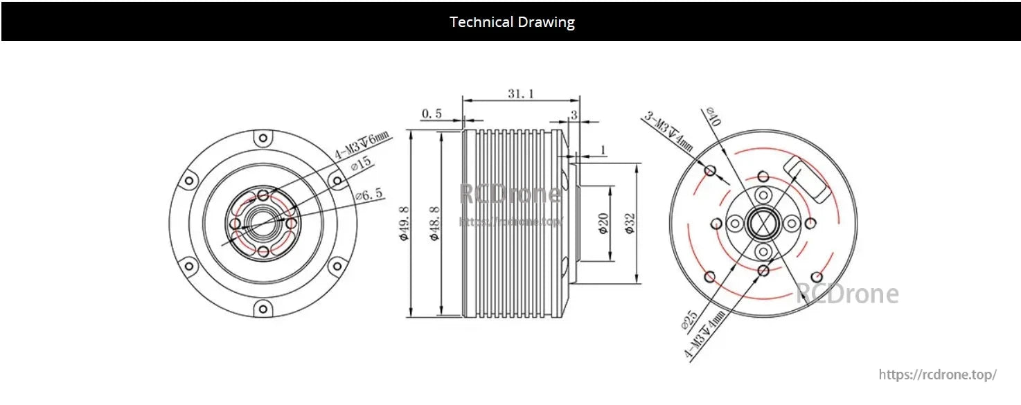 CubeMars G35 KV100 Gimbal Motor, Gimbal motor technical drawing with dimensions, M3 screws, and assembly specs.