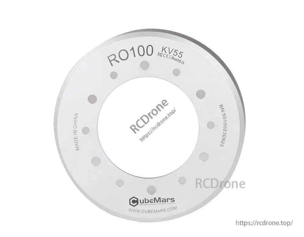 CubeMars RO100 KV55 48V frameless outrunner motor with 4Nm torque, Hall/temp sensors, for cobot arms and robotics. Made in China.