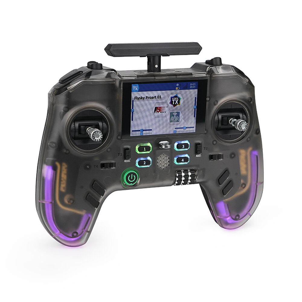 Flysky ProArt PA01 RC transmitter angled front view showing top antenna mount, screen, and grips