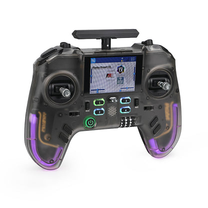 Flysky ProArt PA01 RC transmitter angled front view showing top antenna mount, screen, and grips