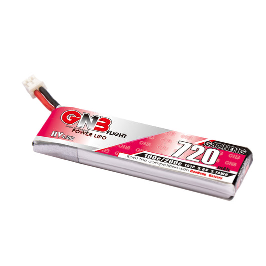 GAONENG GNB720 1S LiHV 3.8V 720mAh 100C LiPo battery with PH2.0 lead, angled view