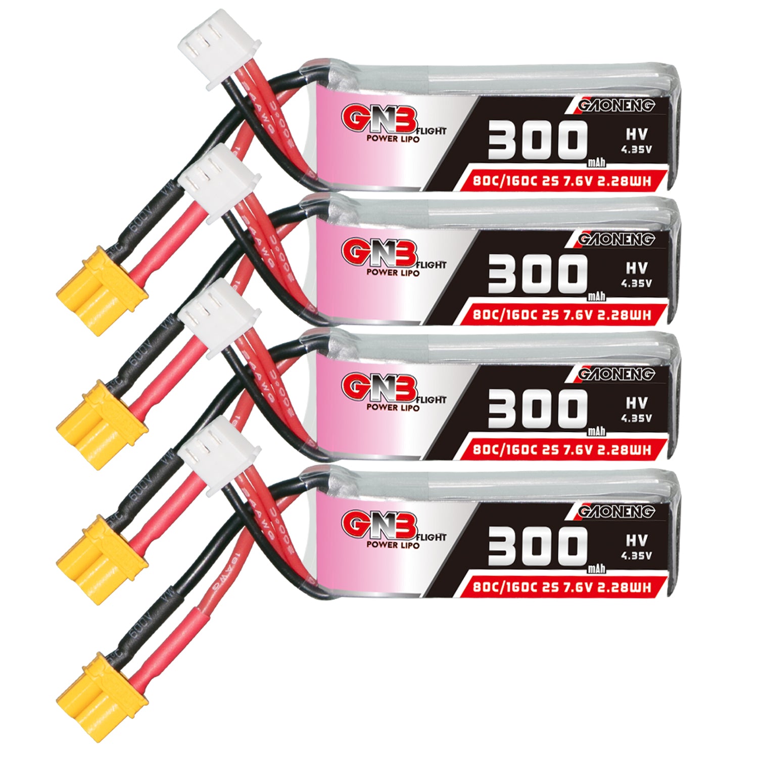 GAONENG GNB 300mAh 2S 7.6V LiHV 80C micro FPV LiPo batteries with XT30 and balance plugs (4 pack)