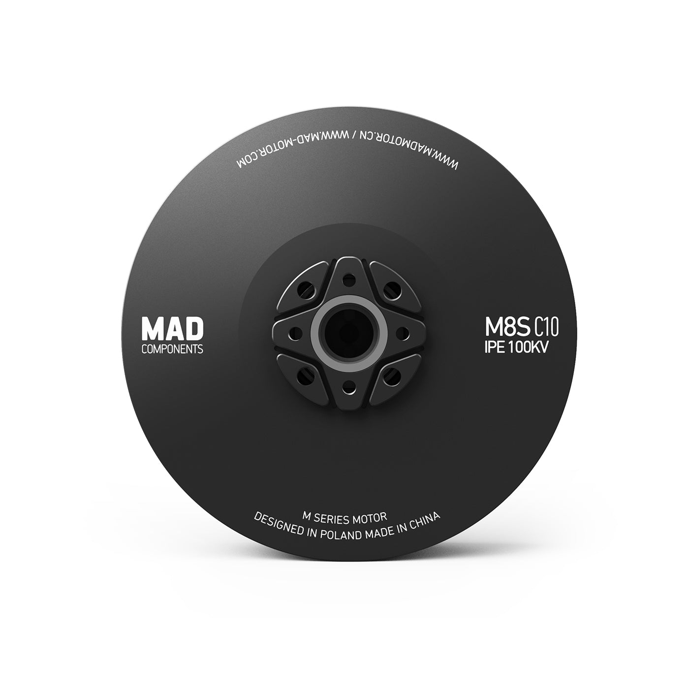 MAD M8S C10 (8110) IPE V1.0 100KV Drone Motor, Top view of MAD Components M8S C10 IPE 100KV drone motor with black bell and mounting hub