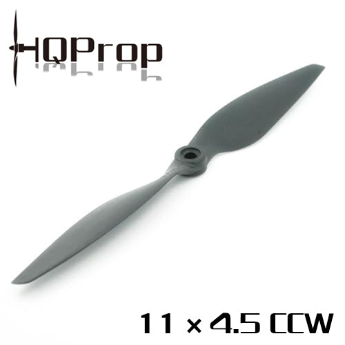 HQProp propeller labeled 11x4.5 CCW, two-blade gray multi-rotor prop with center hub