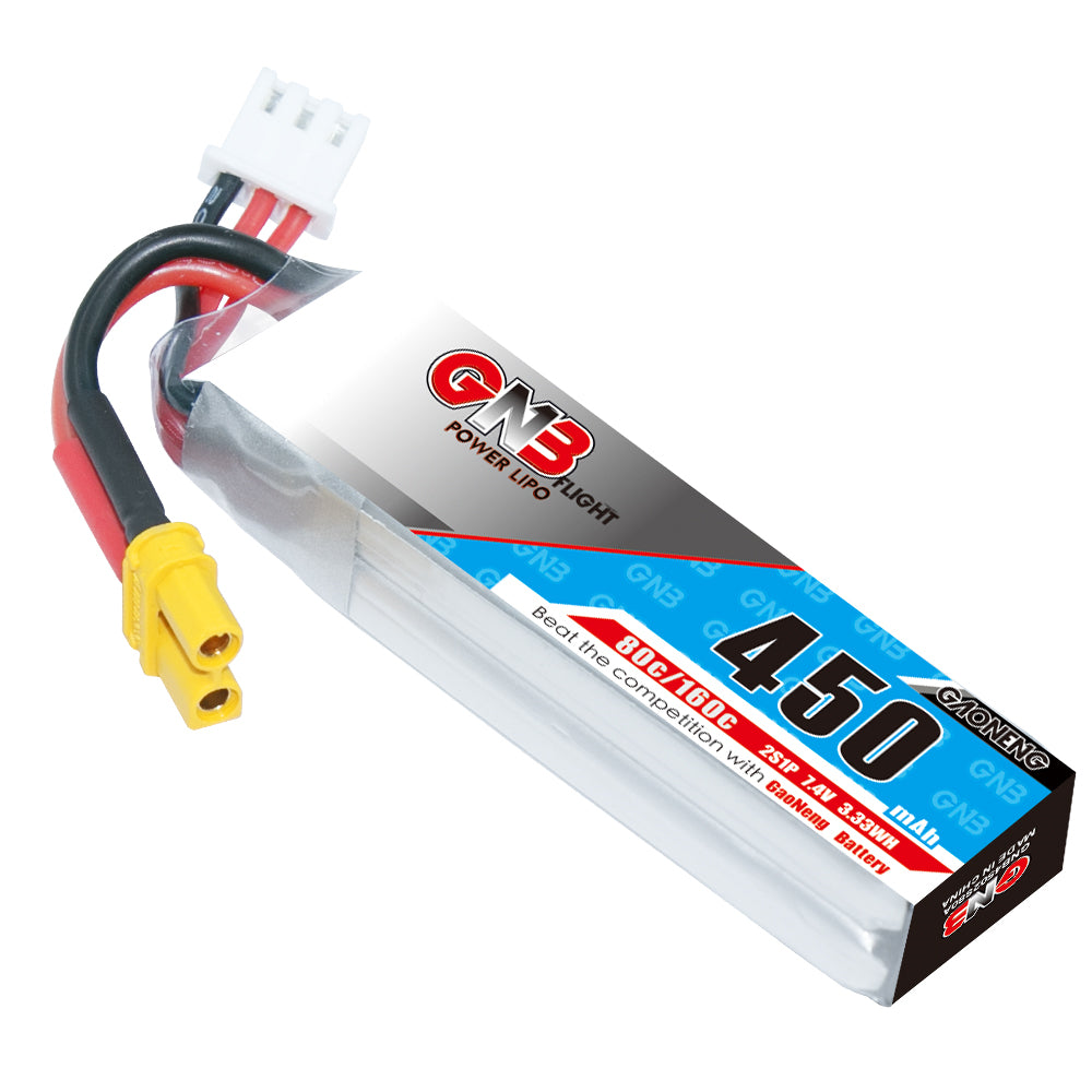 GNB 450mAh 2S 7.4V 80C LiPo battery, long pack with XT30 connector and balance plug