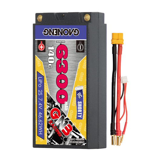 GAONENG GNB 2S 7.4V 6300mAh 140C shorty hard case LiPo battery with 5mm bullets and XT60 lead