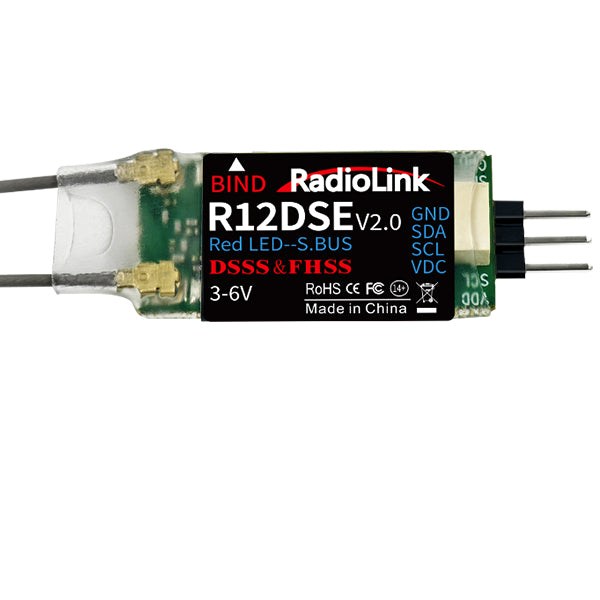 RadioLink R12DSE V2.0: 2.4GHz, 12CH receiver with SBUS/PPM, DSSS&FHSS, 3-6V, RoHS compliant, made in China.