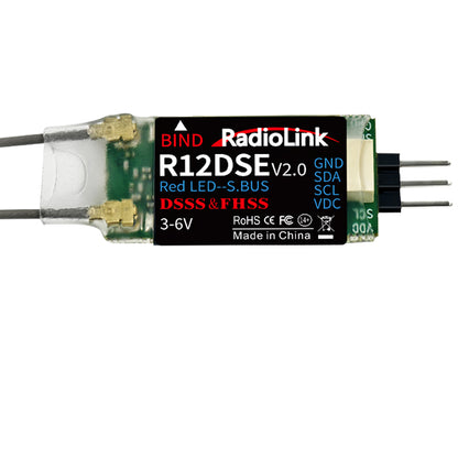 RadioLink R12DSE V2.0: 2.4GHz, 12CH receiver with SBUS/PPM, DSSS&FHSS, 3-6V, RoHS compliant, made in China.