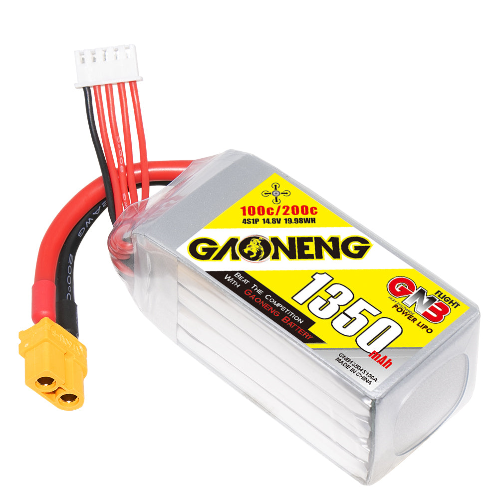GNB 1350mAh 4S 14.8V 100C LiPo battery close-up showing label, XT60 connector and balance plug