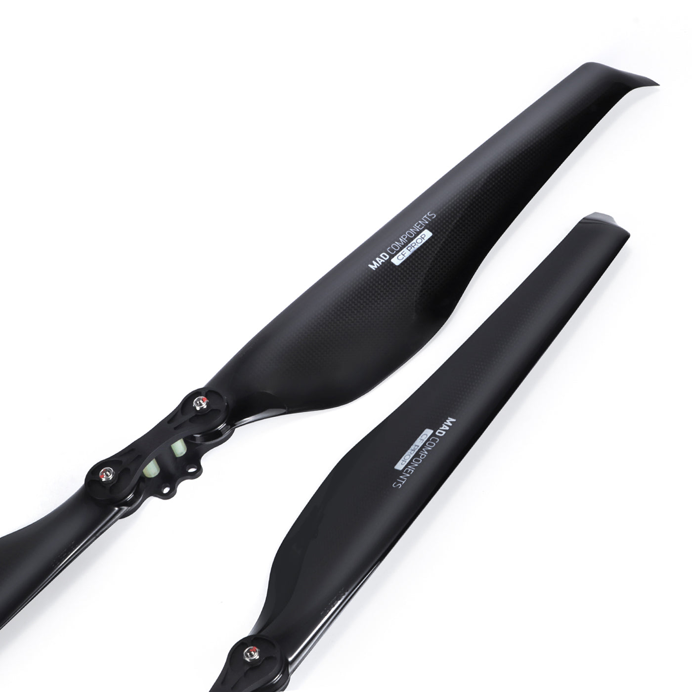 MAD Components glossy carbon fiber folding propeller blades with hub hardware, black finish