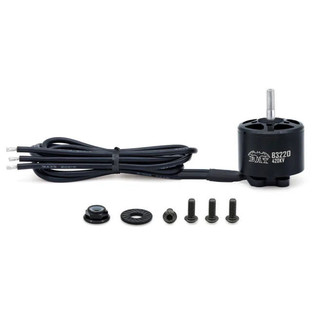 BAT B3220 motor with three power leads, prop adapter, washer, nut, and mounting screws