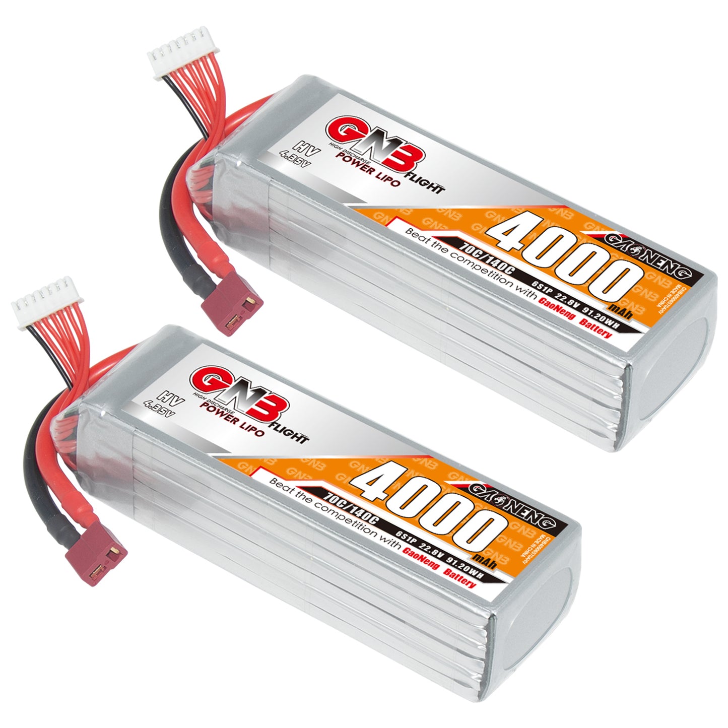 Two GAONENG GNB 6S 4000mAh LiHV LiPo batteries shown with T-plug discharge connectors and balance leads