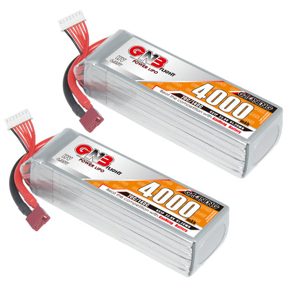 Two GAONENG GNB 6S 4000mAh LiHV LiPo batteries shown with T-plug discharge connectors and balance leads