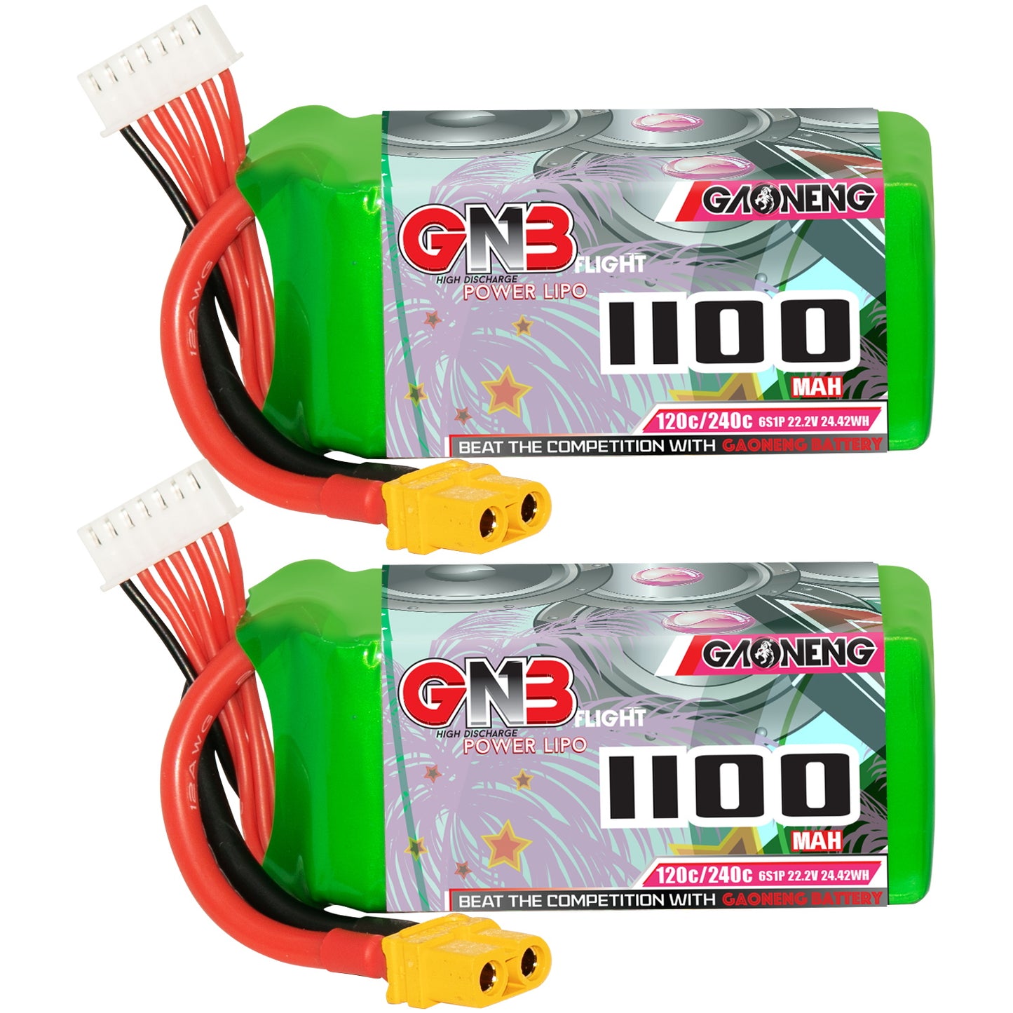 GAONENG GNB 6S 22.2V 1100mAh 120C LiPo battery with XT60 plug and balance lead, two-pack view
