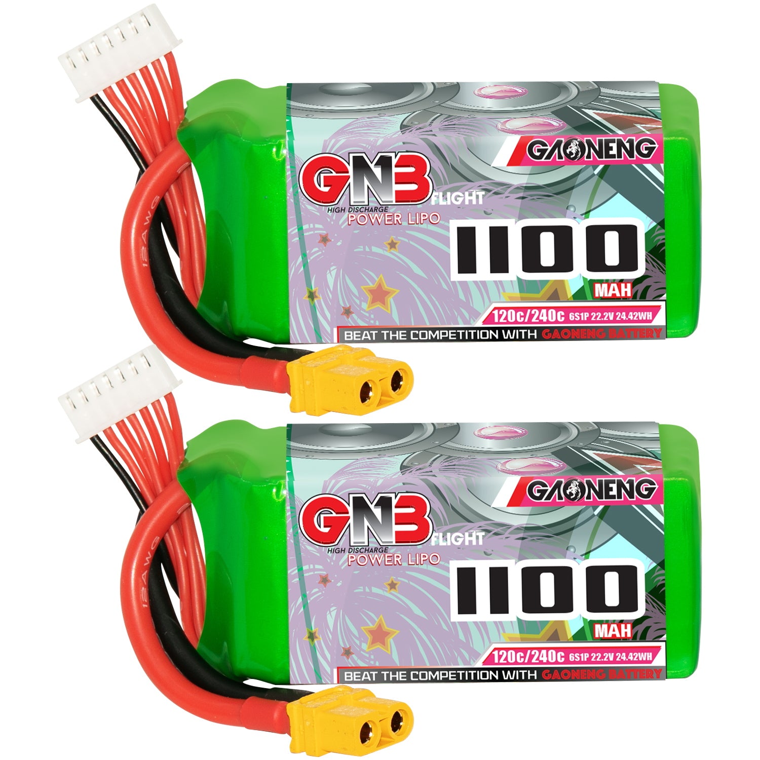 GAONENG GNB 6S 22.2V 1100mAh 120C LiPo battery with XT60 plug and balance lead, two-pack view