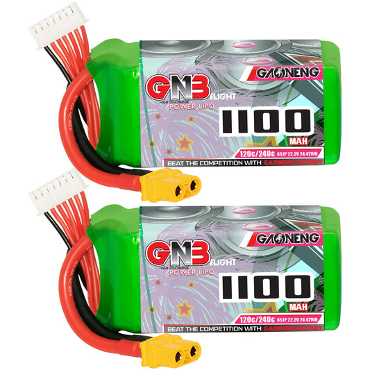 GAONENG GNB 6S 22.2V 1100mAh 120C LiPo battery with XT60 plug and balance lead, two-pack view